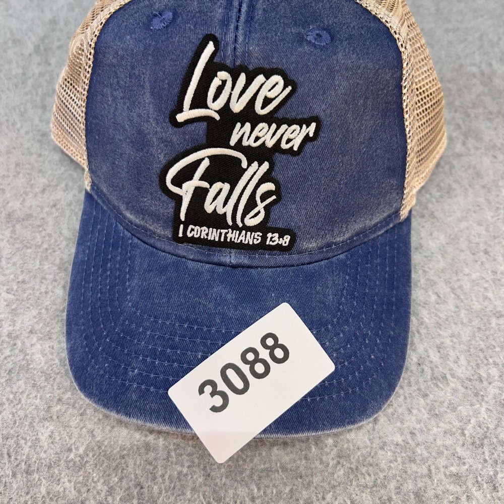 Love Never Falls 1 Corinthians 13:8 Womens Blue Ponycap Trucker Hat Mesh Back - Picture 4 of 4